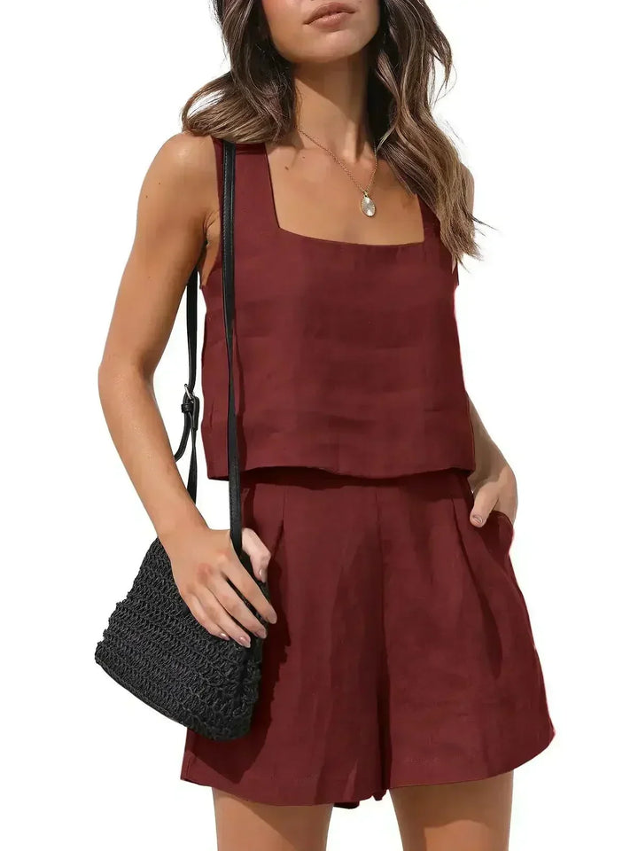 Front view of women's Emilia two-piece stylish summer outfit with a relaxed fit