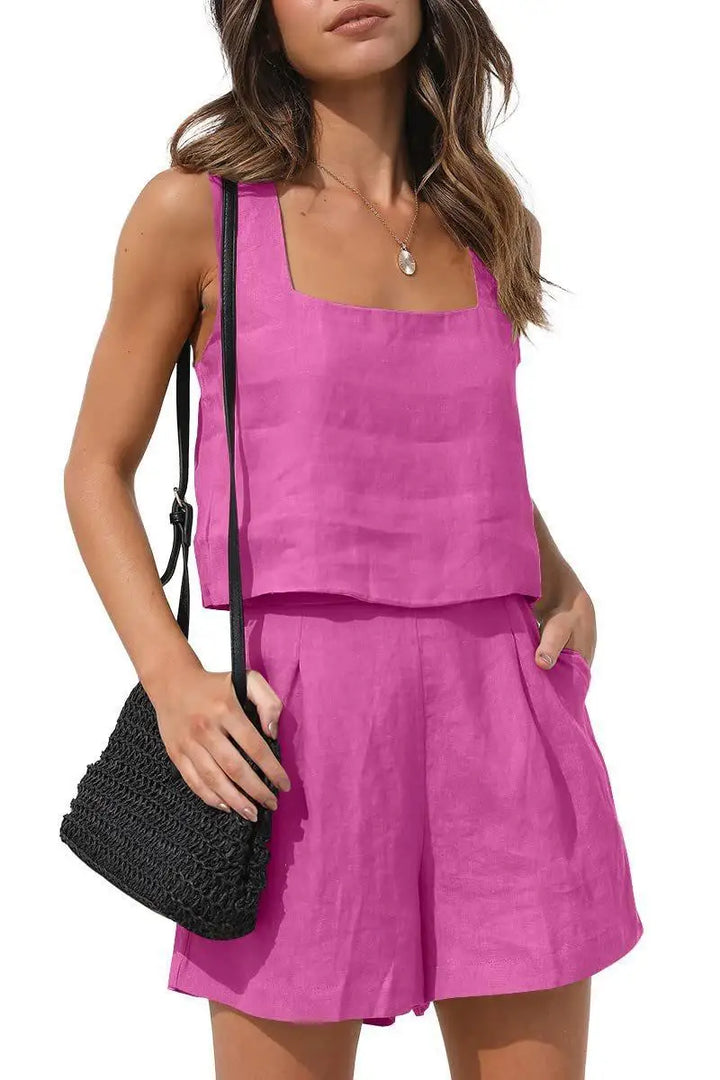 Detail shot of the shorts from the Emilia two-piece summer outfit, breathable casual wear