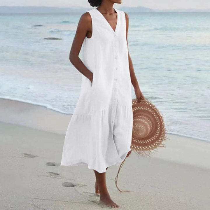 Women's stylish V-neck summer dress, perfect for casual daywear or elegant spring parties.