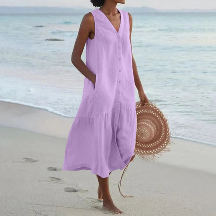 Flattering colorful midi V-neck dress for women, ideal for a comfortable yet chic summer or spring outfit.