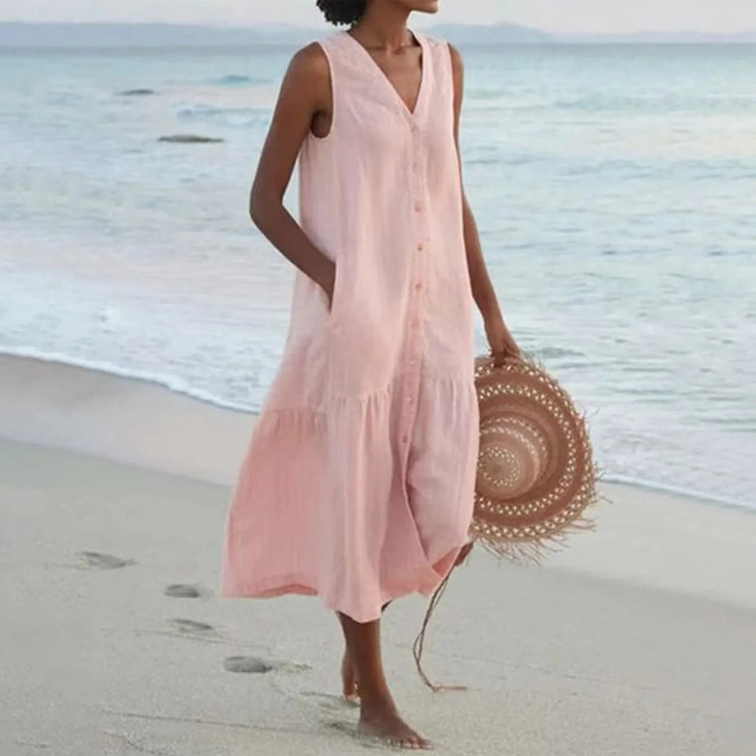 Versatile V-neck women's dress; a stylish summer midi length for both casual outings and elegant events.