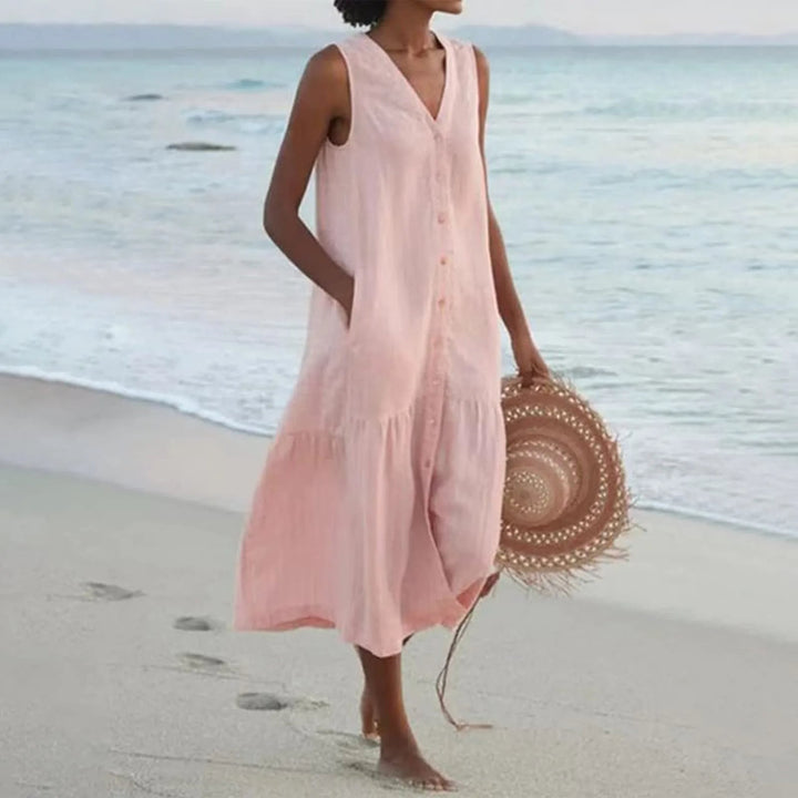 Versatile V-neck women's dress; a stylish summer midi length for both casual outings and elegant events.