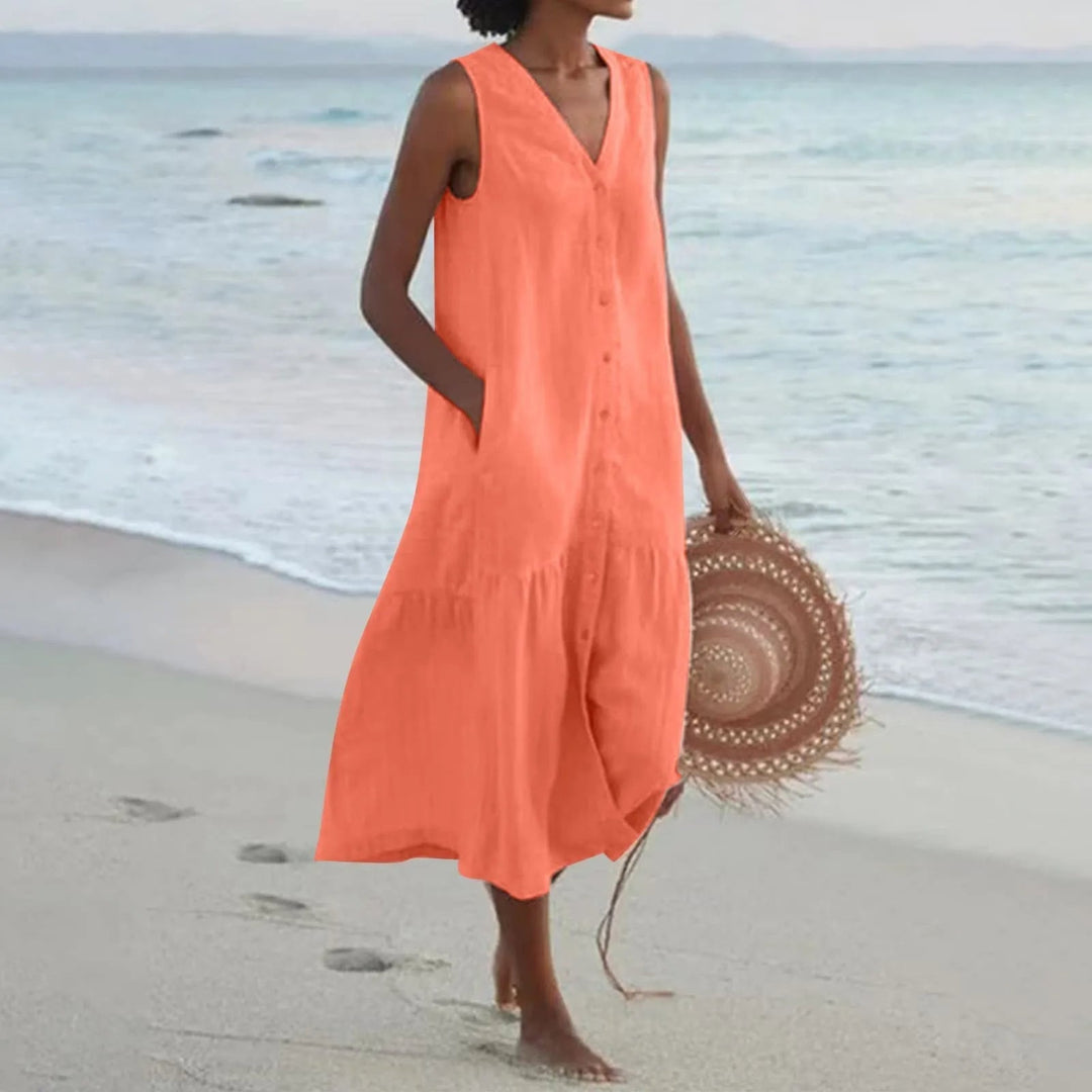 Elegant V-neck women's midi dress, a vibrant and flattering fit for spring and summer fashion.