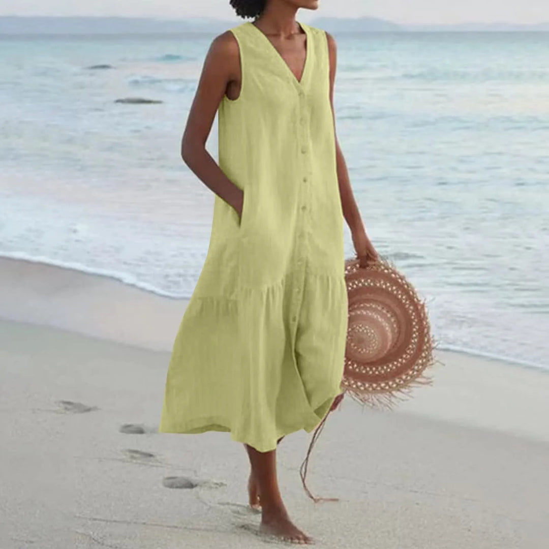 Casual yet elegant V-neck summer dress for women, great for day wear or a stylish party look.