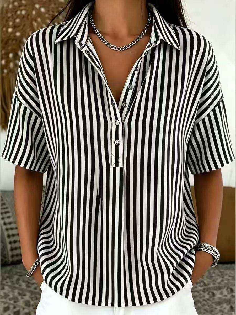 Women's elegant vertical stripe blouse with a half-button design, offering a relaxed fit for any occasion.