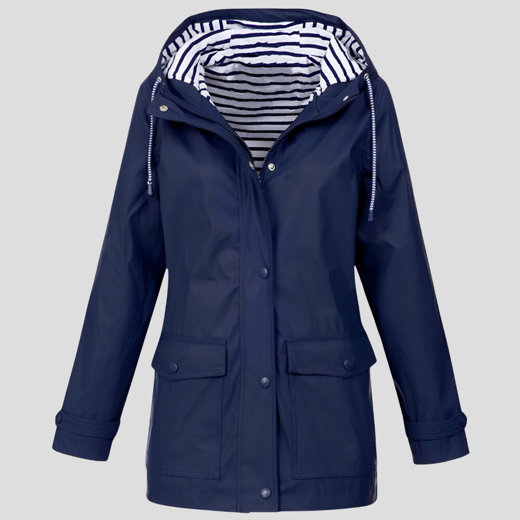 Stylish women's hooded rain jacket; waterproof & wind resistant outerwear for fall fashion or spring protection.