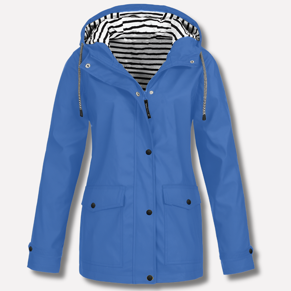 Durable waterproof & wind-resistant ladies hooded rain jacket. Essential all-weather protection and stylish outerwear.
