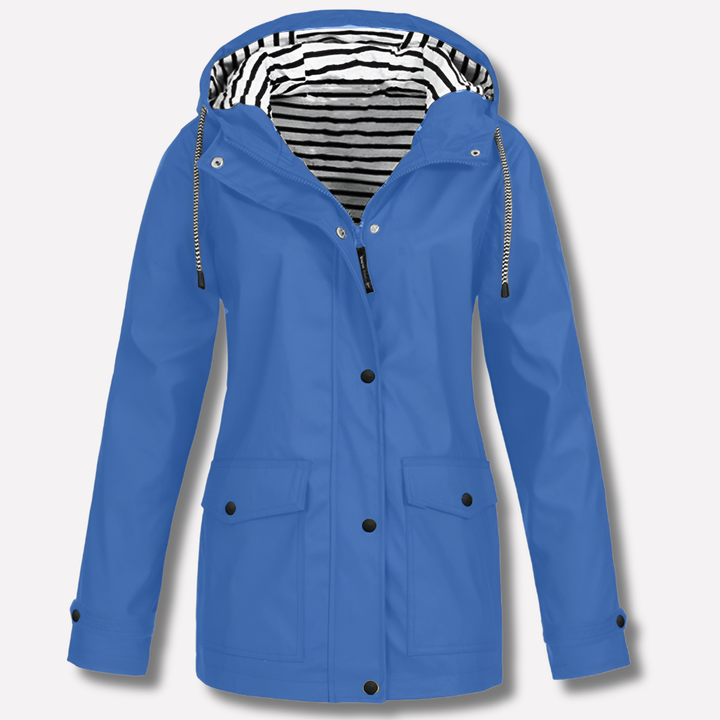 Durable waterproof & wind-resistant ladies hooded rain jacket. Essential all-weather protection and stylish outerwear.