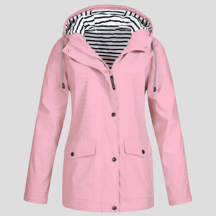 Versatile women's waterproof rain jacket with hood; lightweight outerwear for stylish all-weather and wind-resistant protection.