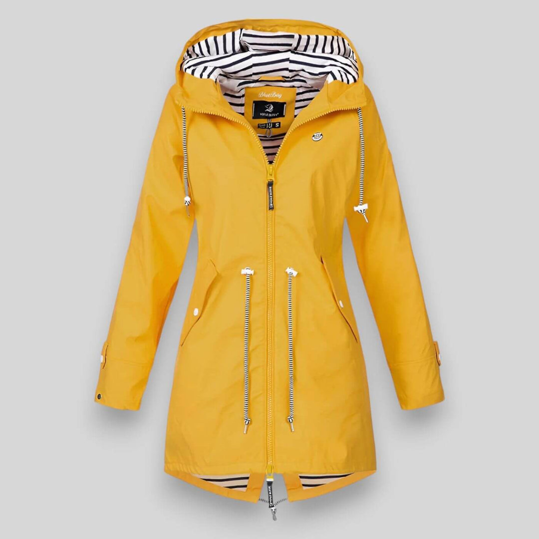 Chic women's waterproof rain jacket. Stay dry & fashionable, perfect for casual wear & outdoor adventures.