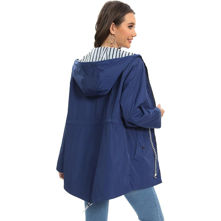 Premium women's waterproof rain jacket. Stylish, lightweight, breathable & durable for all-weather elegance.