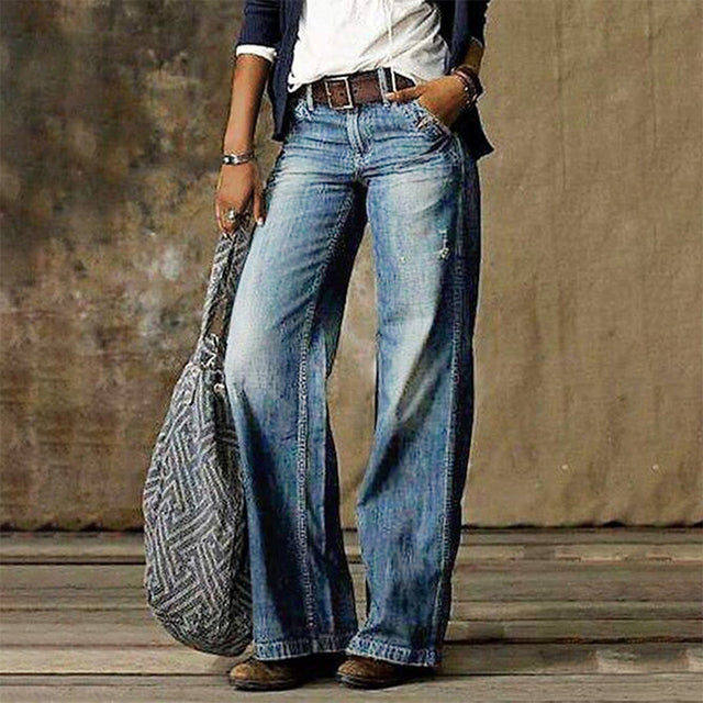 Women's stylish wide leg denim trousers, perfect for a fashionable and comfortable everyday look.