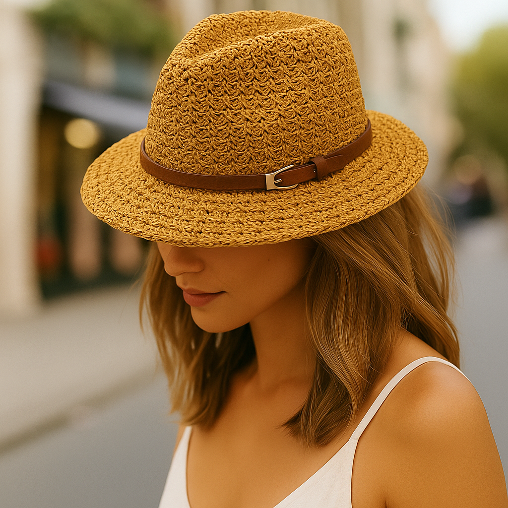 Women's stylish woven fedora sun hat, a chic summer fashion accessory.