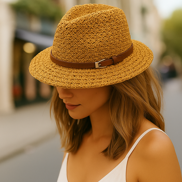 Women's stylish woven fedora sun hat, a chic summer fashion accessory.
