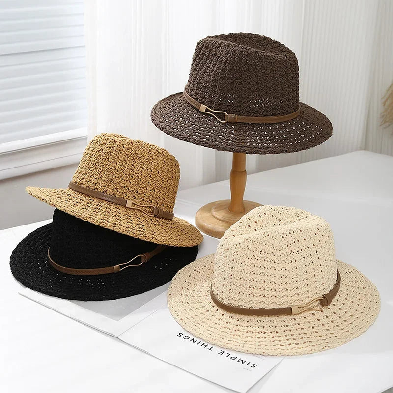 Breathable woven fedora sun hat for women, a comfortable and fashionable summer accessory.