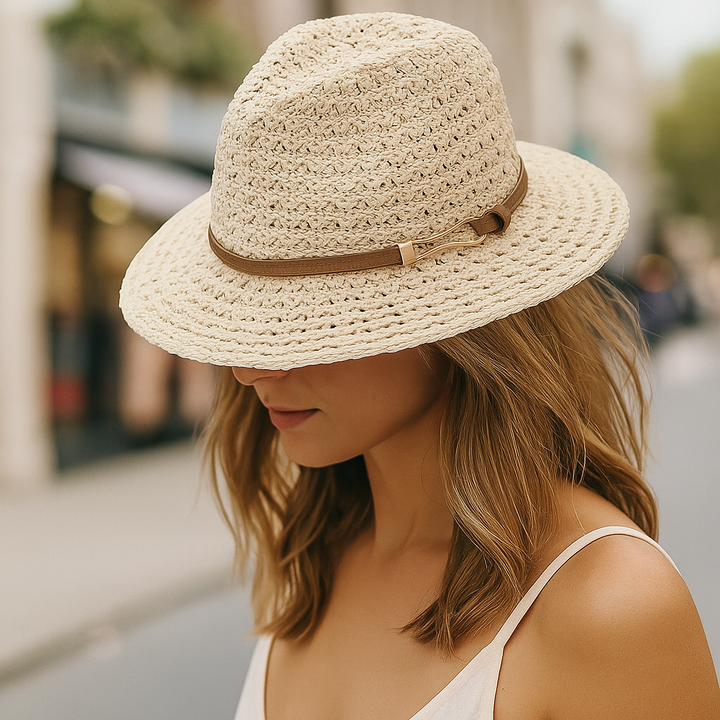 Breathable woven fedora hat for women, perfect beach hat for sunny summer days.