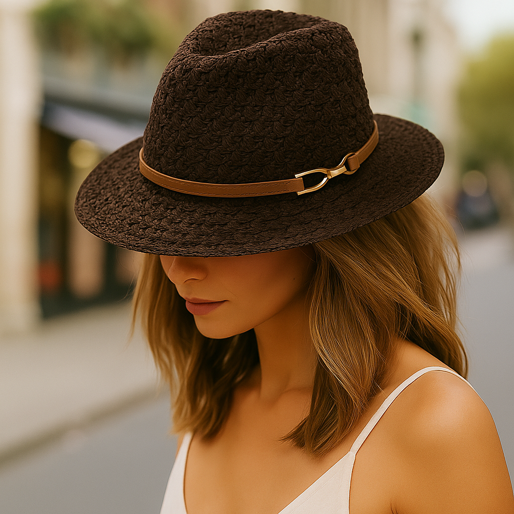 Khaki women's woven fedora sun hat, ideal for summer fashion and beach outings.
