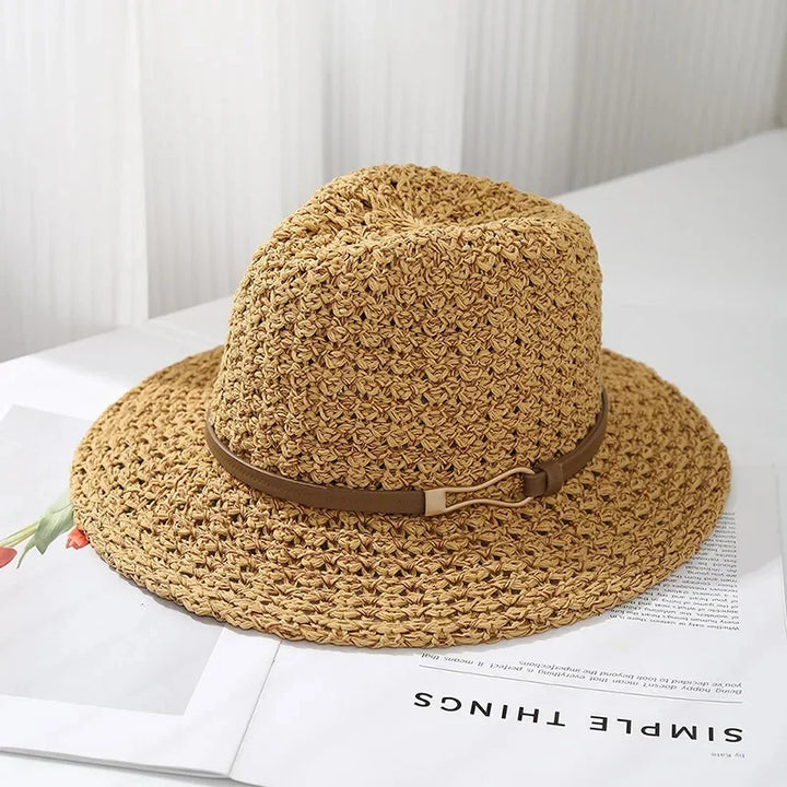 Coffee brown women's woven fedora sun hat, breathable and chic for summer style.