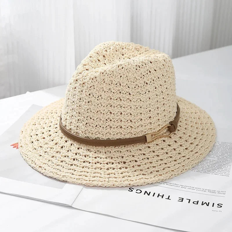 Black women's woven fedora hat, a stylish and protective sun hat for summer adventures.