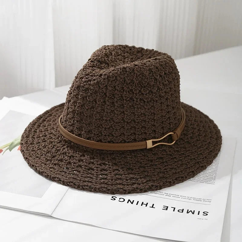 Chic women's woven fedora, a versatile sun hat for beach trips and summer fashion.