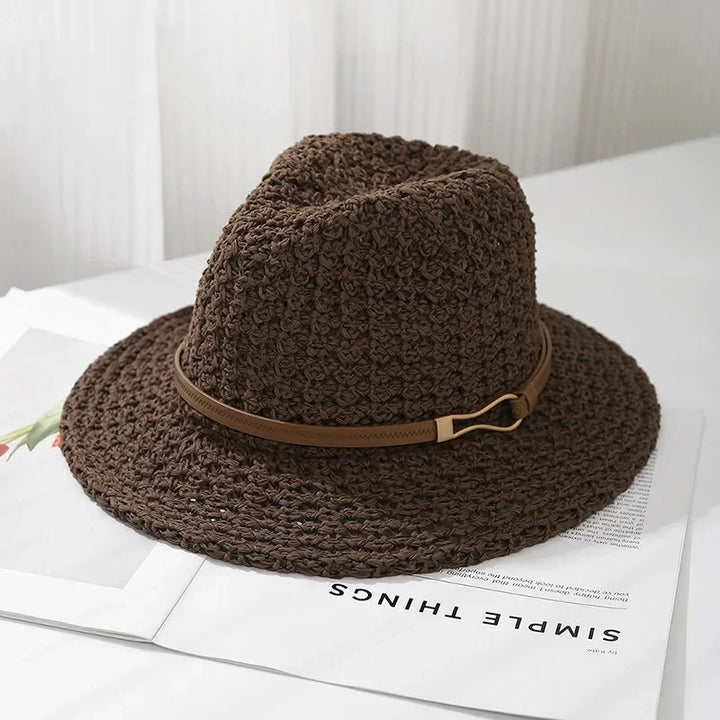 Chic women's woven fedora, a versatile sun hat for beach trips and summer fashion.