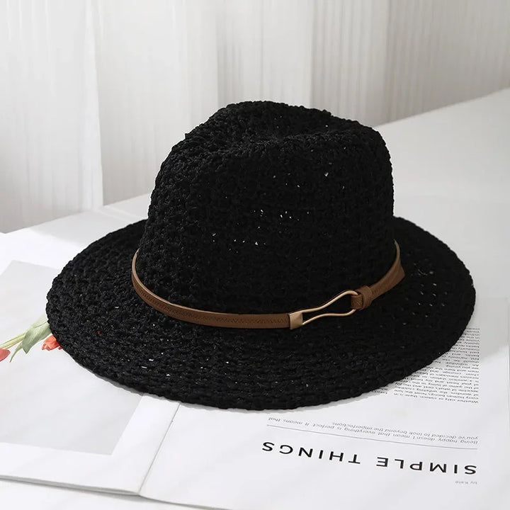 Women's breathable woven fedora sun hat, offering stylish protection for sunny summer days.