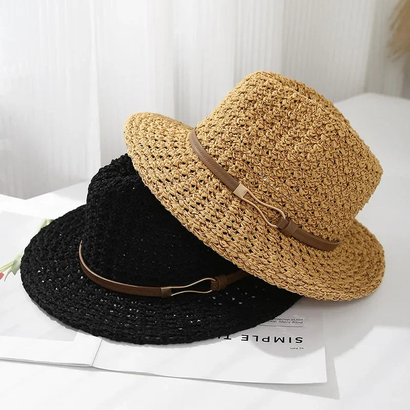 Stylish women's woven fedora sun hat, available in khaki, beige, coffee, and black.