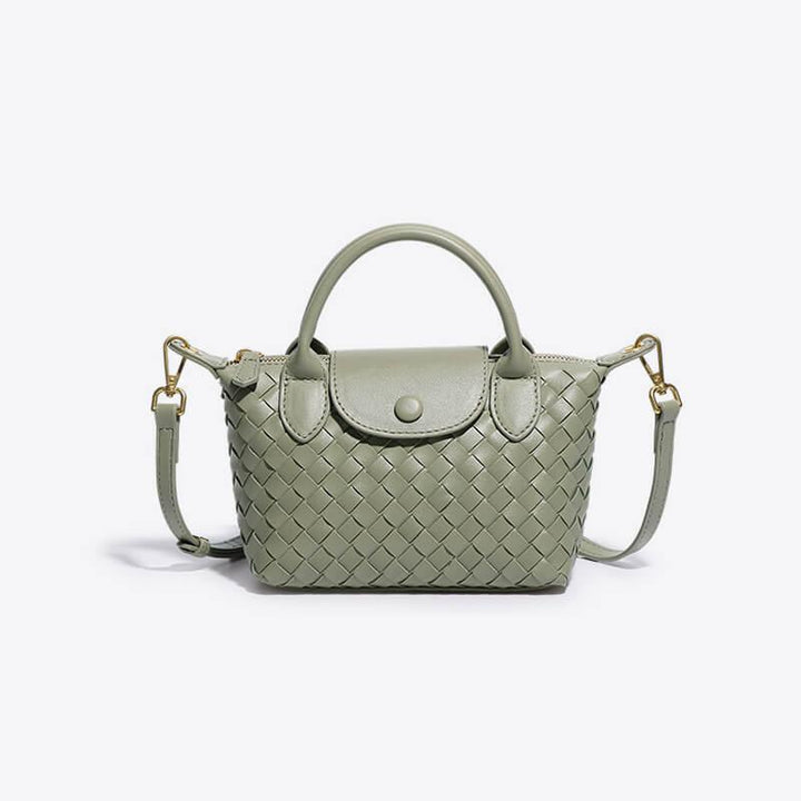Versatile women's mini crossbody bag, chic woven pattern and faux leather accents.