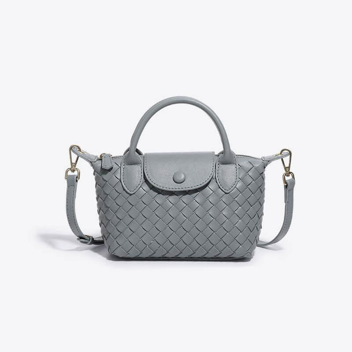 Chic woven mini bag, women's versatile shoulder or crossbody, faux leather trim.