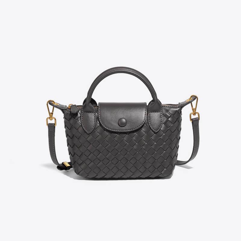 Women's compact stylish bag, woven pattern, durable faux leather finish.