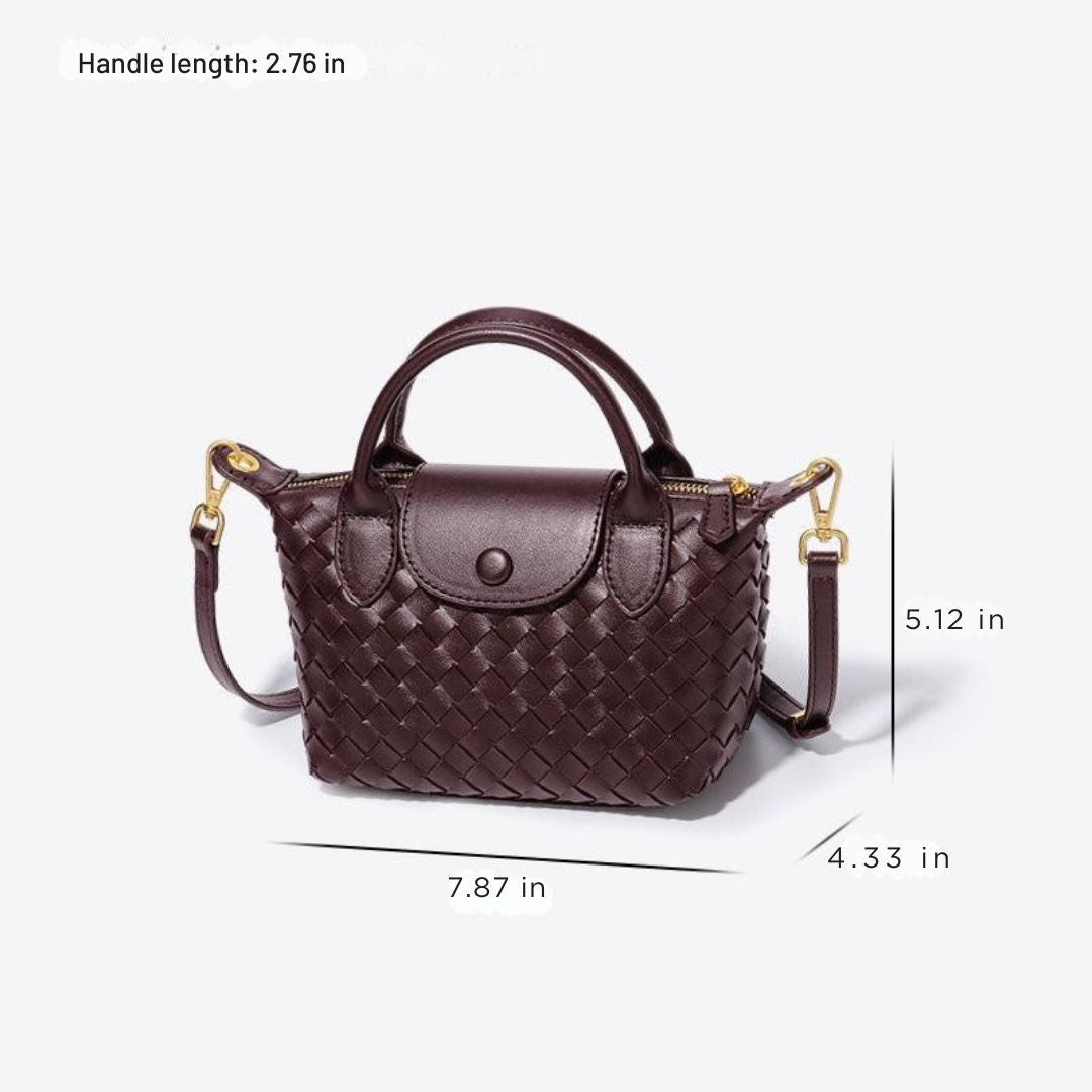Elegant women's faux leather mini bag, intricate woven details, a stylish accessory.