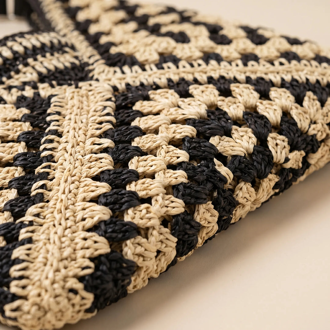 Boho chic women's woven tote bag. A stylish summer shoulder bag for beach trips, travel, and casual everyday wear.