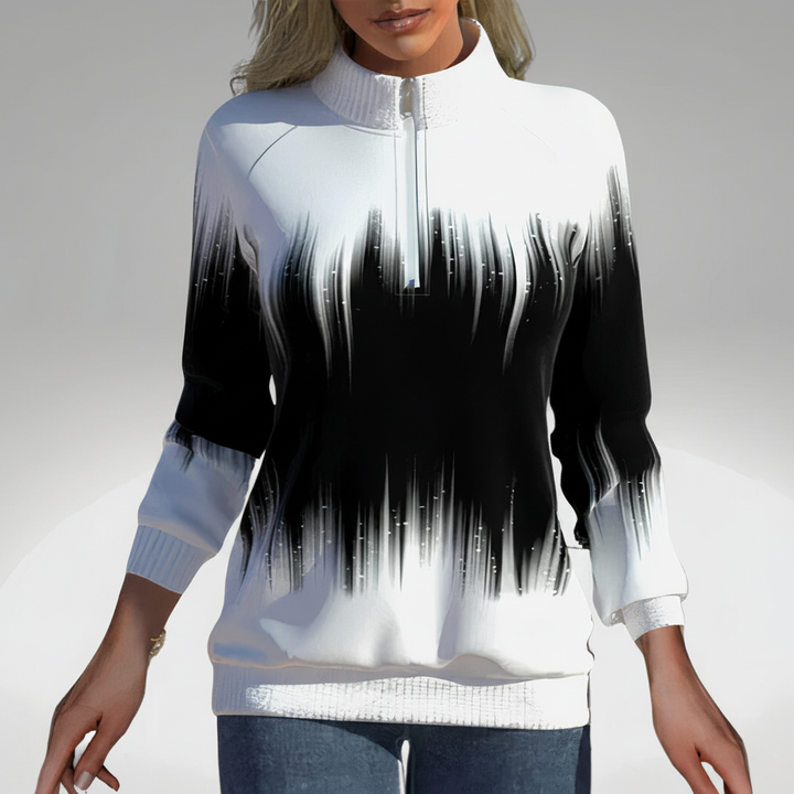 Close-up of zip collar on a women's stylish sweatshirt, perfect for winter wear