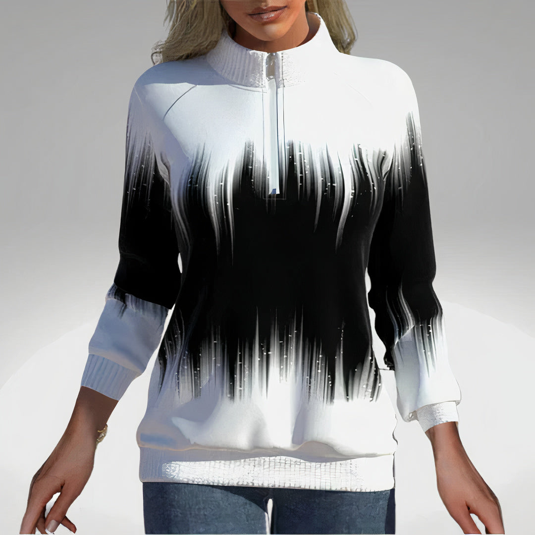 Stylish women's zip collar sweatshirt, ideal for autumn fashion, full length view