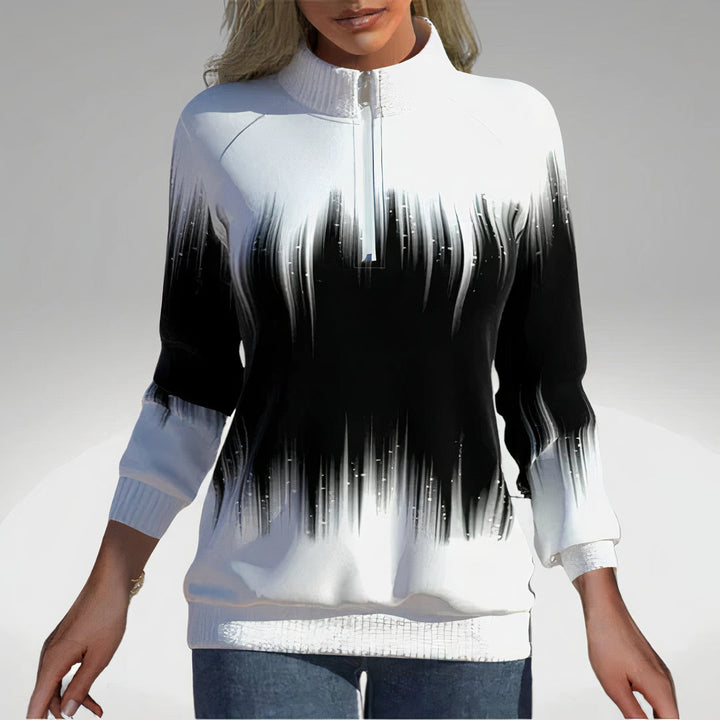 Stylish women's zip collar sweatshirt, ideal for autumn fashion, full length view