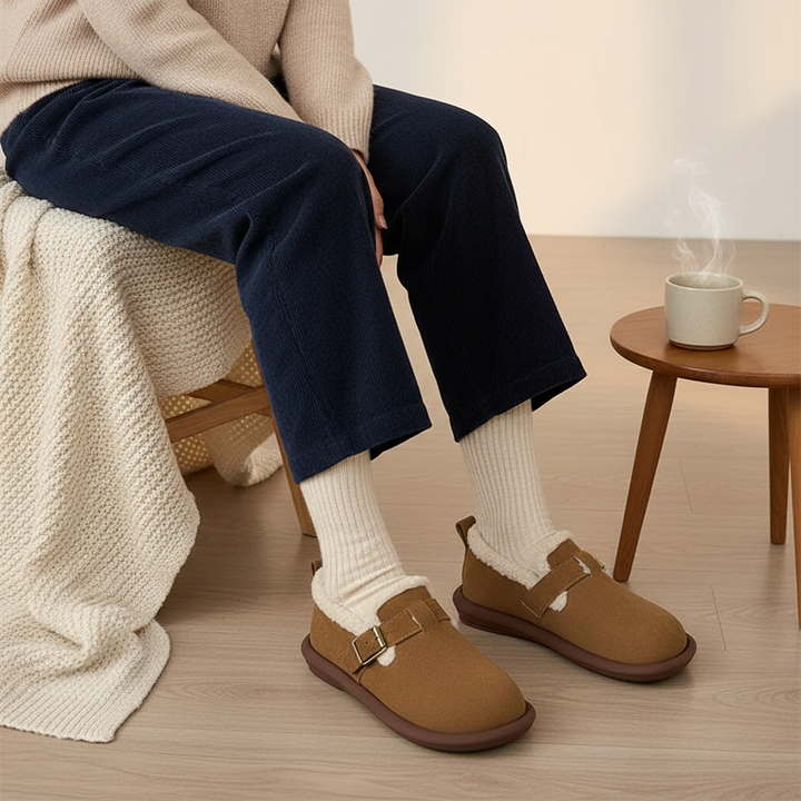 Women's suede fleece-lined slippers for winter comfort, cozy indoor outdoor footwear