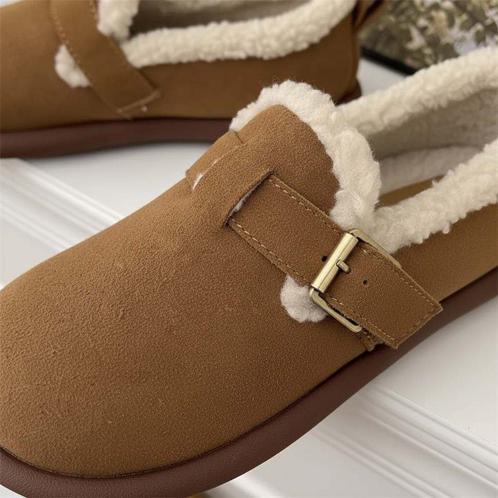 Cozy women's suede slippers with thick fleece lining and flat sole for ultimate comfort