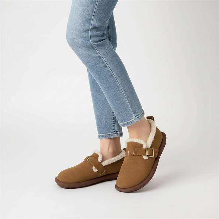Stylish women's suede fleece-lined slippers, perfect warm footwear for indoor outdoor wear