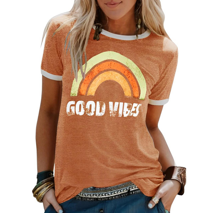 Women's sunny rainbow print short sleeve t-shirt, casual cotton blend graphic tee for summer