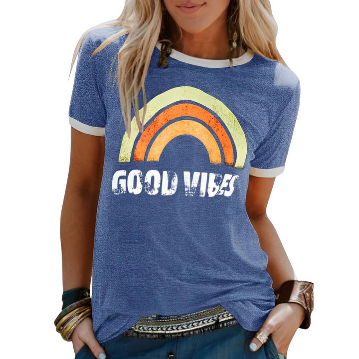 Casual women's rainbow graphic tee, soft cotton blend short sleeve top for summer outfits