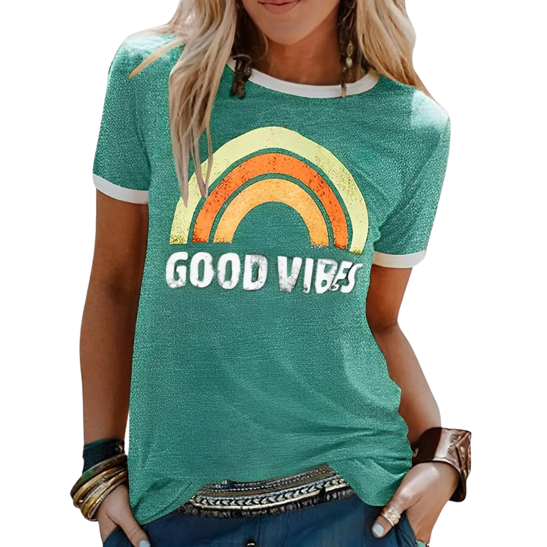 Women's 'Sunny' t-shirt with bright rainbow print, stylish and comfortable summer apparel