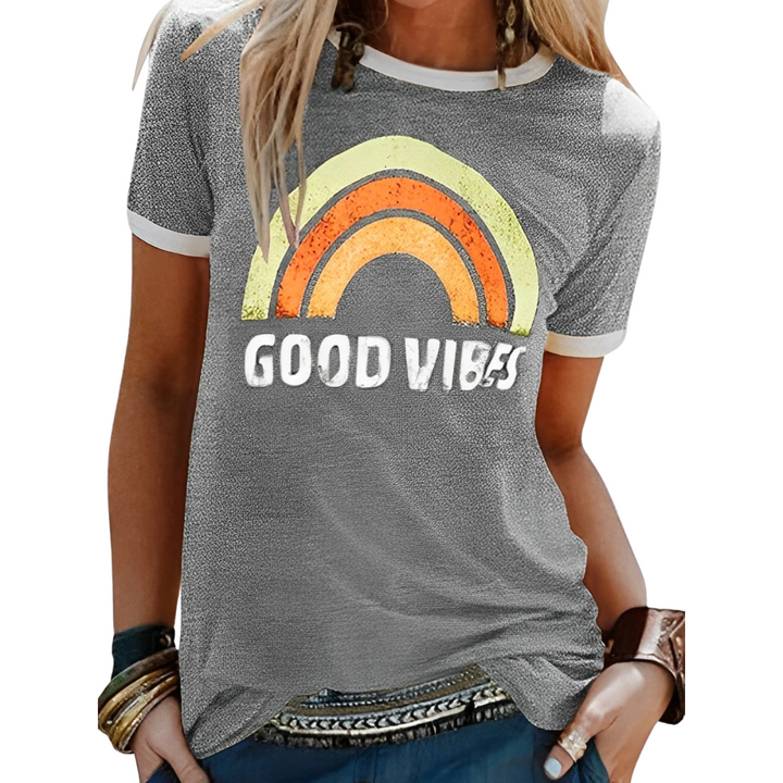 Soft cotton blend women's short sleeve t-shirt, features a cheerful rainbow graphic print