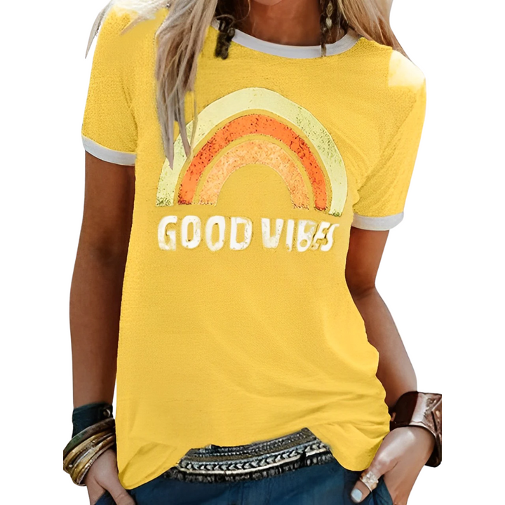 Fashionable women's rainbow print short sleeve t-shirt, perfect for a colorful summer look