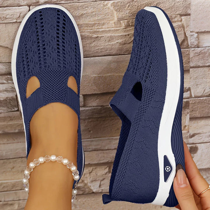 Lifestyle shot: women wearing supportive slip-on comfort shoes for daily errands.
