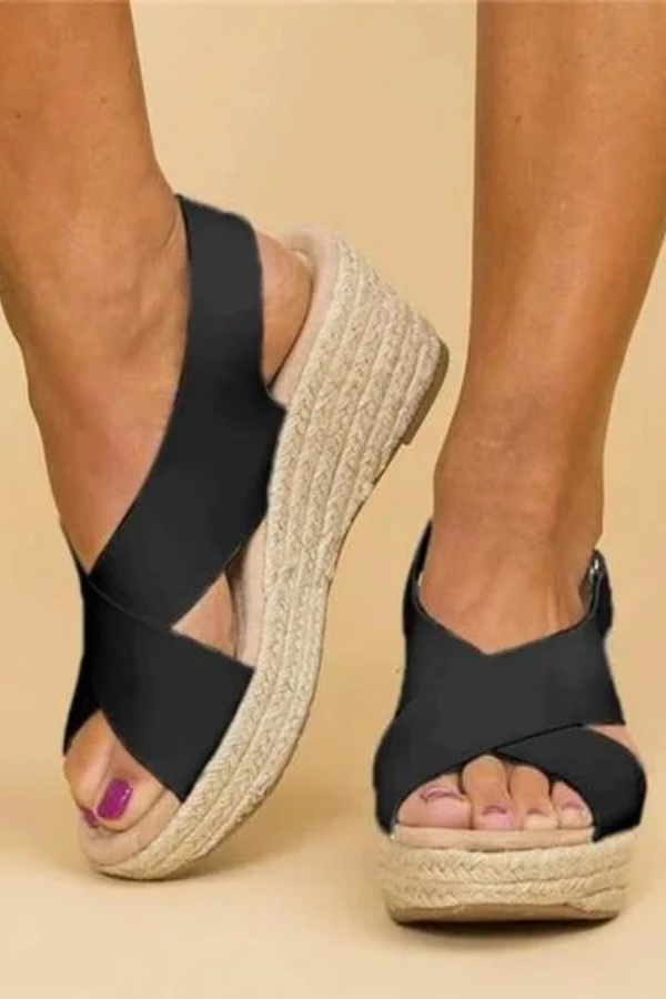 Supportive espadrille wedge sandals for women with comfortable footbed & adjustable straps. Fashionable summer shoes.