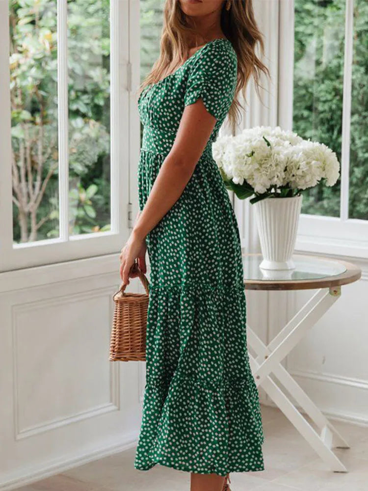 Vintage style women's floral maxi dress with puff sleeves & smocked bodice. Ideal for spring and summer.