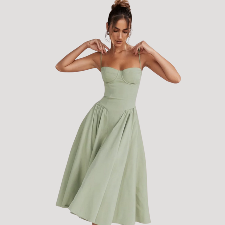 Women's Sweetheart Corset Bodice Midi Dress with A-Line Skirt, ideal for formal events & parties.