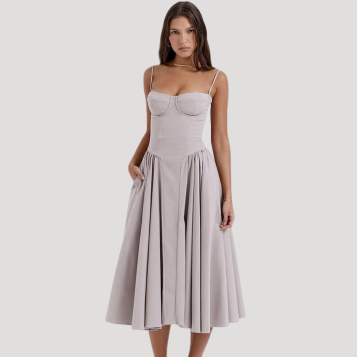 Women's elegant prom or wedding guest dress: sweetheart corset bodice, flowing A-line midi skirt.