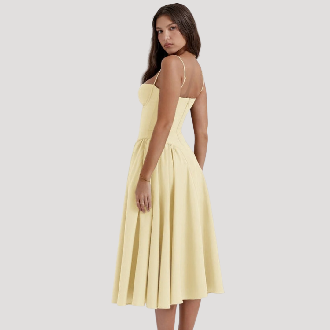 Feminine women's A-line midi dress with sweetheart corset bodice, perfect for formal & cocktail events.