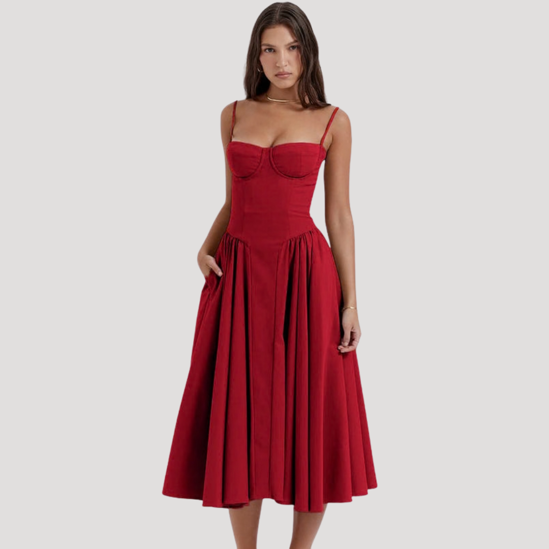 Chic sweetheart neckline corset midi dress for women, with flattering A-line skirt, perfect cocktail attire.